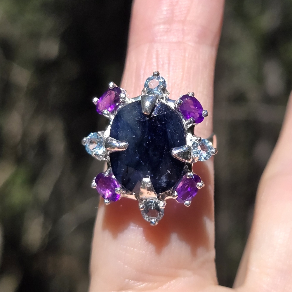 Deep blue sapphire 10k amethyst & Topaz sterling ring sz7 - Picture 7 of 11